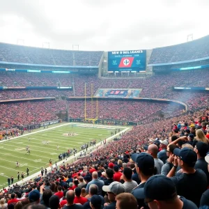 Fans cheering at a New Orleans Saints football game