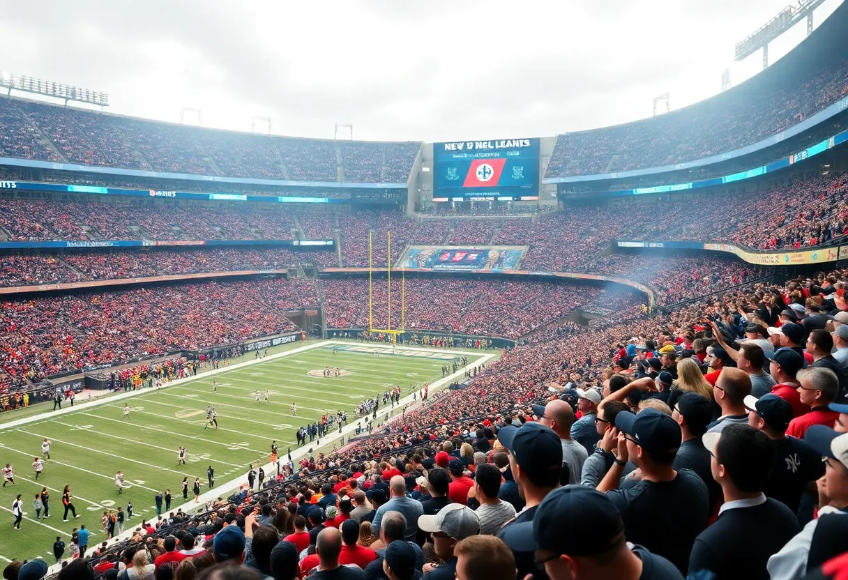 Fans cheering at a New Orleans Saints football game