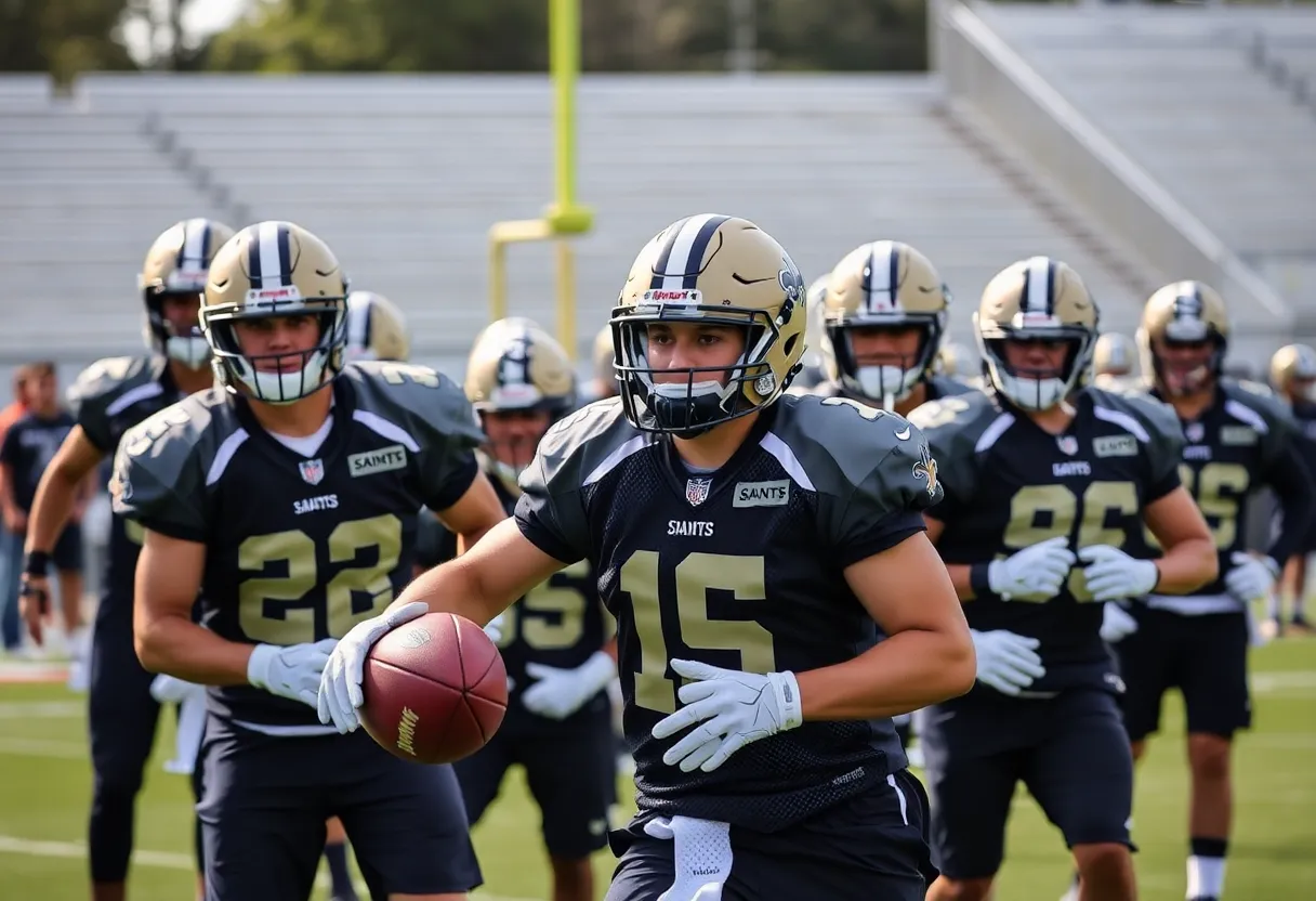 New Orleans Saints players training on the field