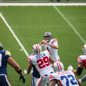 Football players engaging in action during a preseason game between the New Orleans Saints and Los Angeles Chargers.