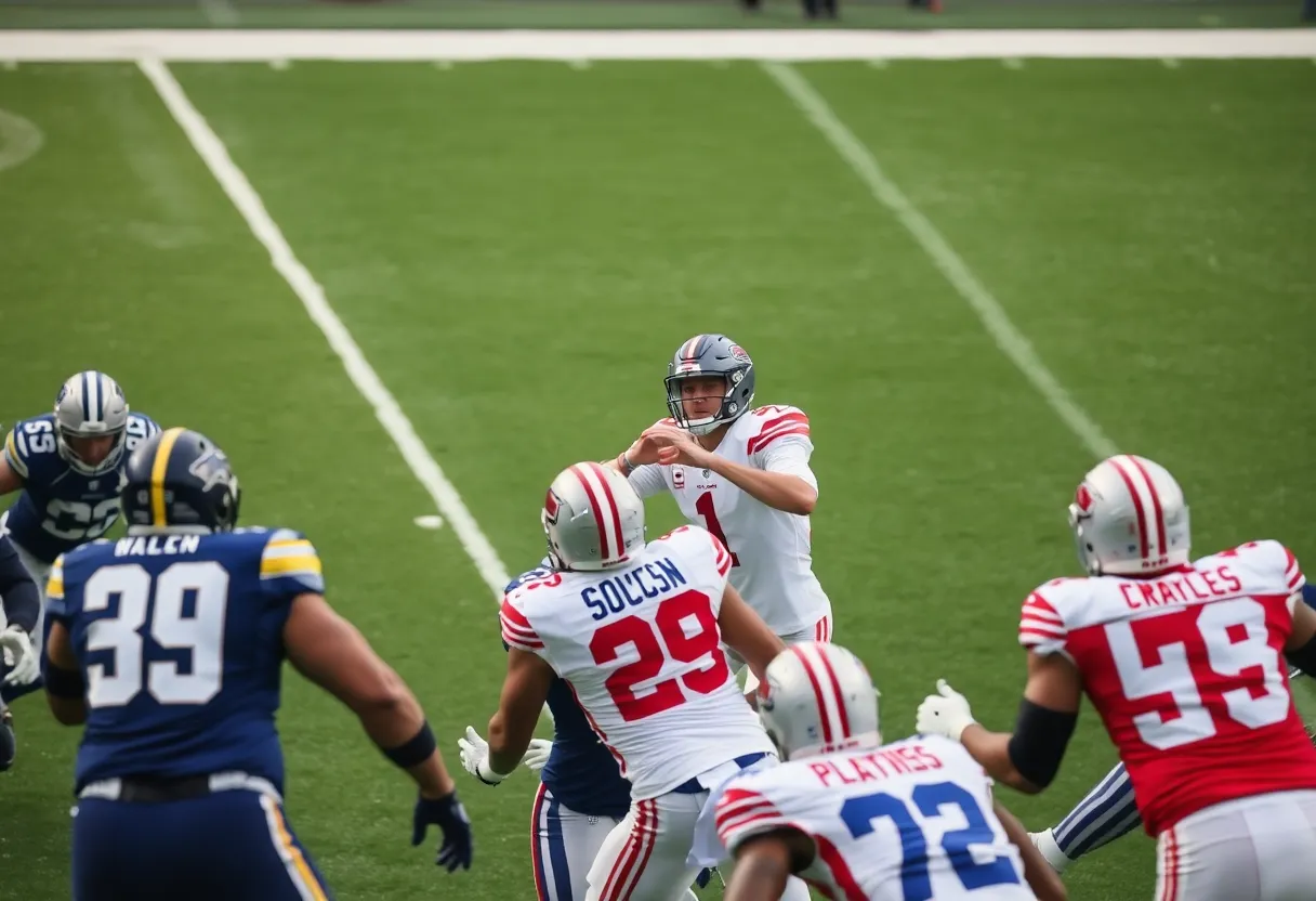 Football players engaging in action during a preseason game between the New Orleans Saints and Los Angeles Chargers.