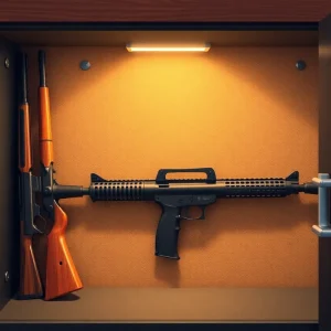 Illustration of secured gun storage emphasizing child safety