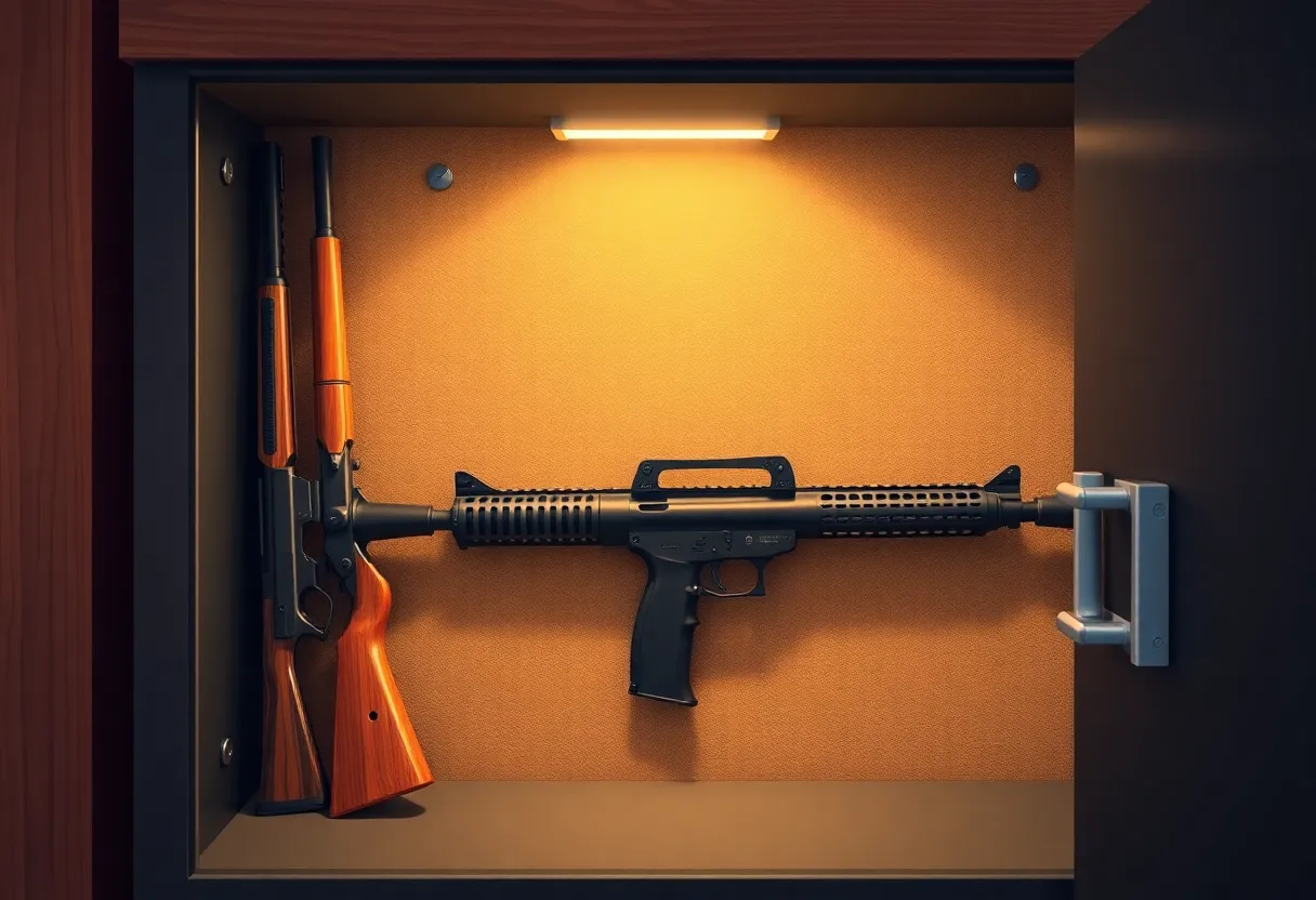 Illustration of secured gun storage emphasizing child safety