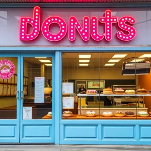 A storefront of Shipley Donuts showcasing various donuts in the window.