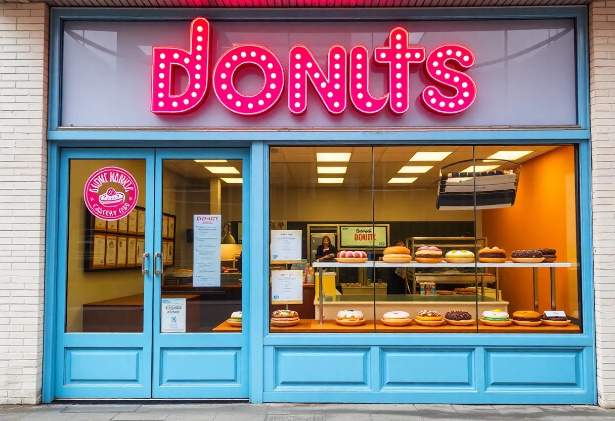 A storefront of Shipley Donuts showcasing various donuts in the window.