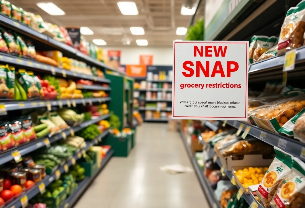 Grocery store aisle with healthy food options and restrictions sign