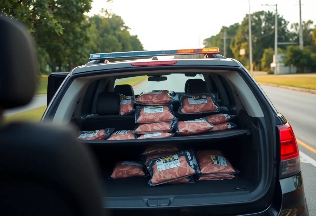 Packages of stolen meat in a police vehicle during a traffic stop in Slidell