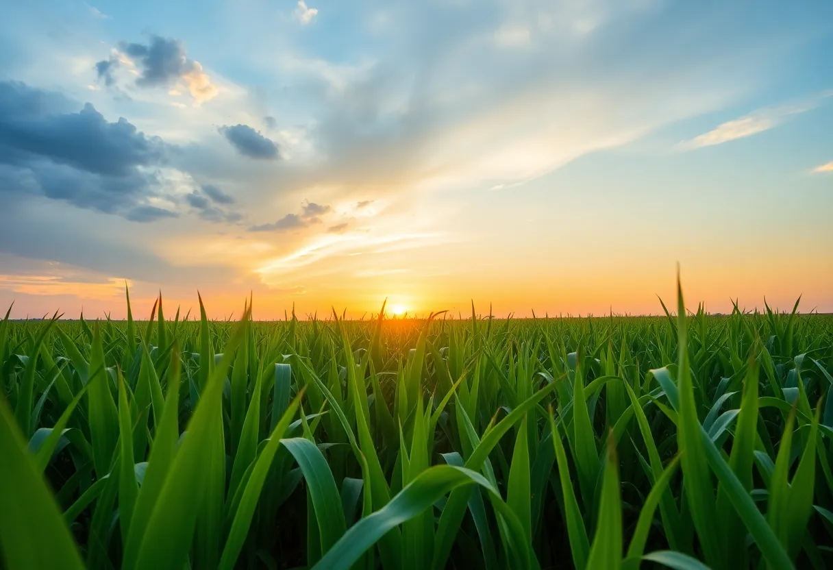 Sugarcane field in Plaquemine, Louisiana at sunset