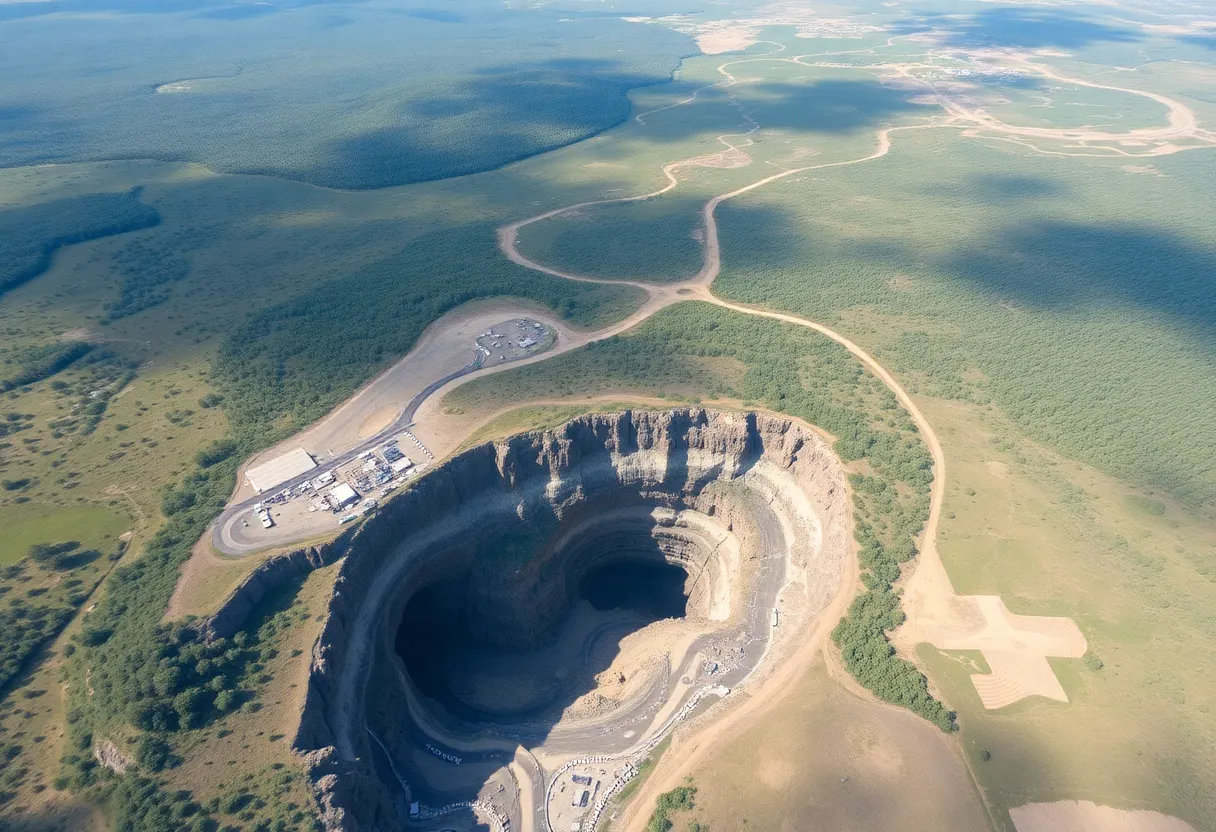 Aerial view of Sulphur Mines showing emergency response efforts.