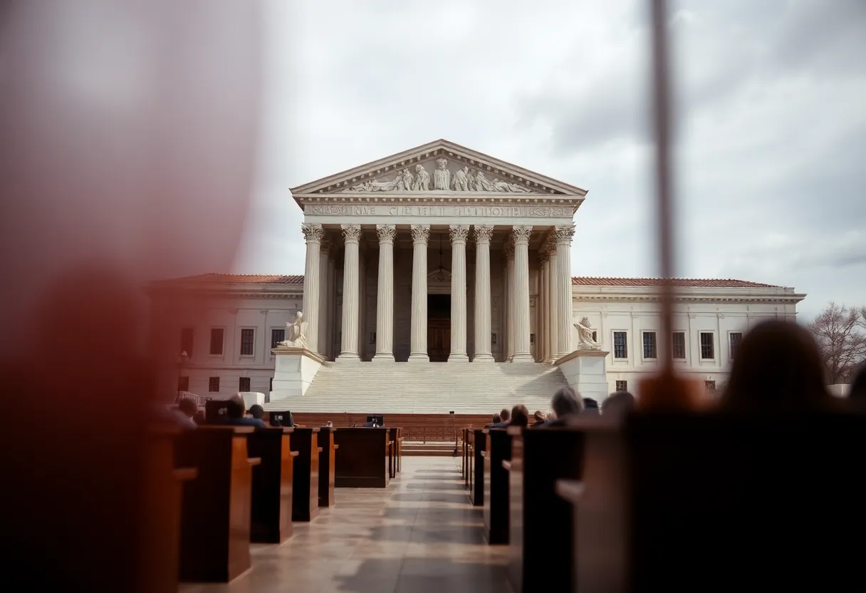 Supreme Court building with symbolic elements of justice and representation.