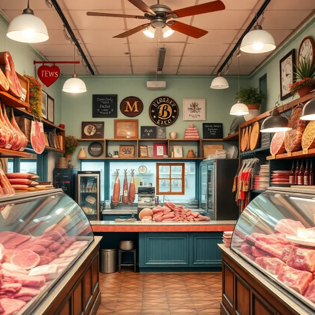 Interior of Terranova's Meats with meat displays and vintage decor