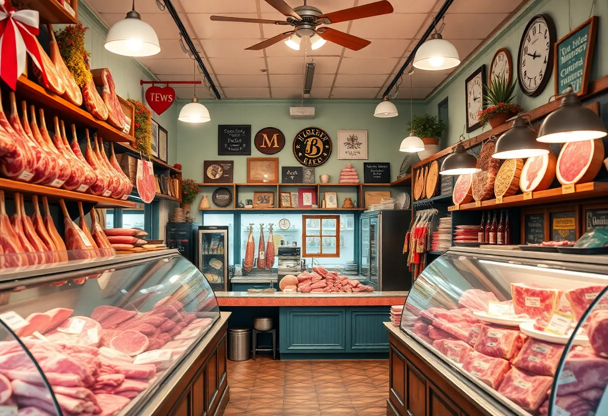 Interior of Terranova's Meats with meat displays and vintage decor