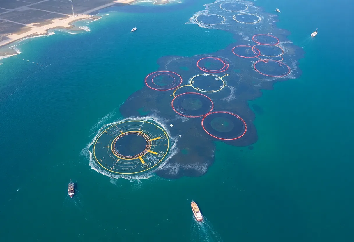 Aerial view of cleanup operations for oil spill in Terrebonne Bay