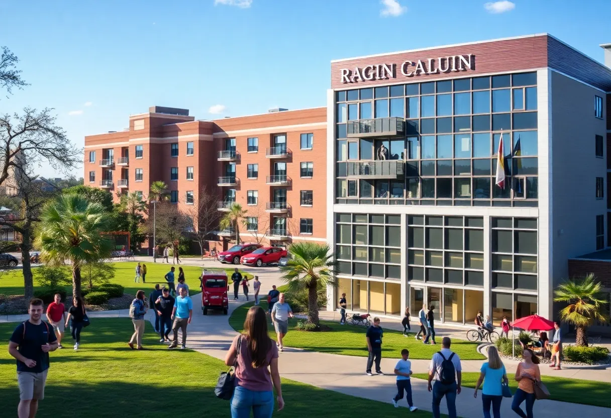 Students at UL Lafayette enjoying campus life with hotel in background