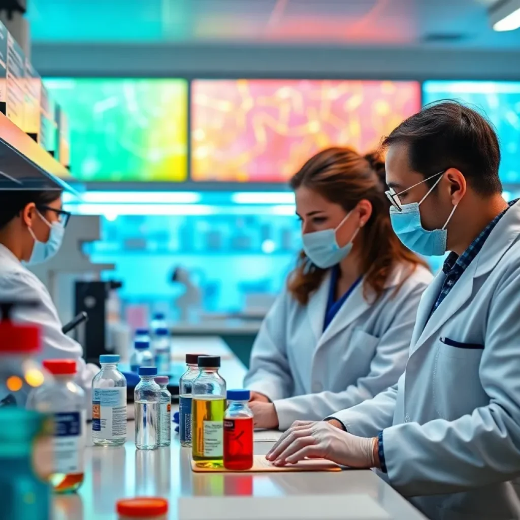 Scientists engaged in vaccine research in a modern laboratory.
