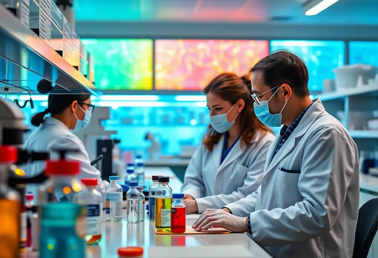 Scientists engaged in vaccine research in a modern laboratory.