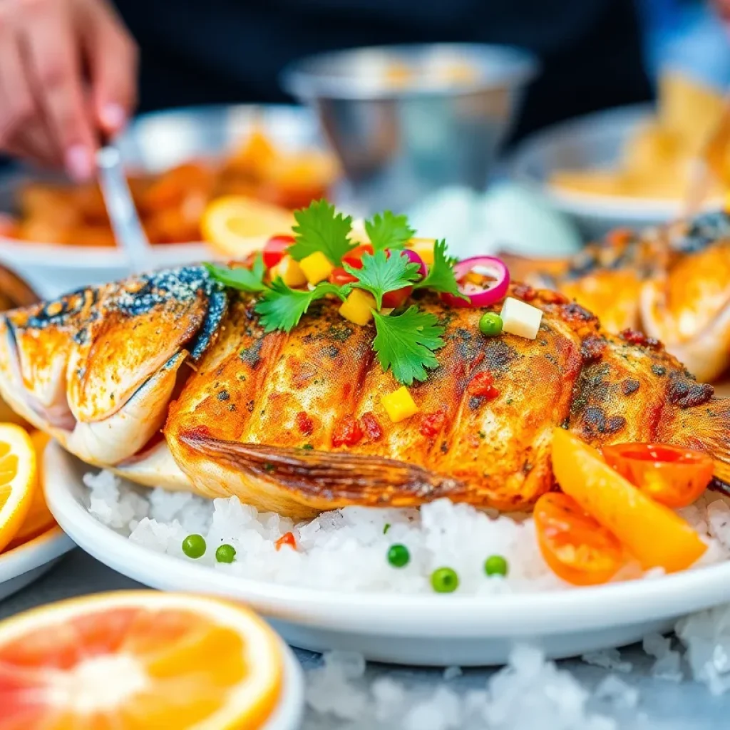 A beautifully plated seafood dish featuring fried catfish and garnishes.