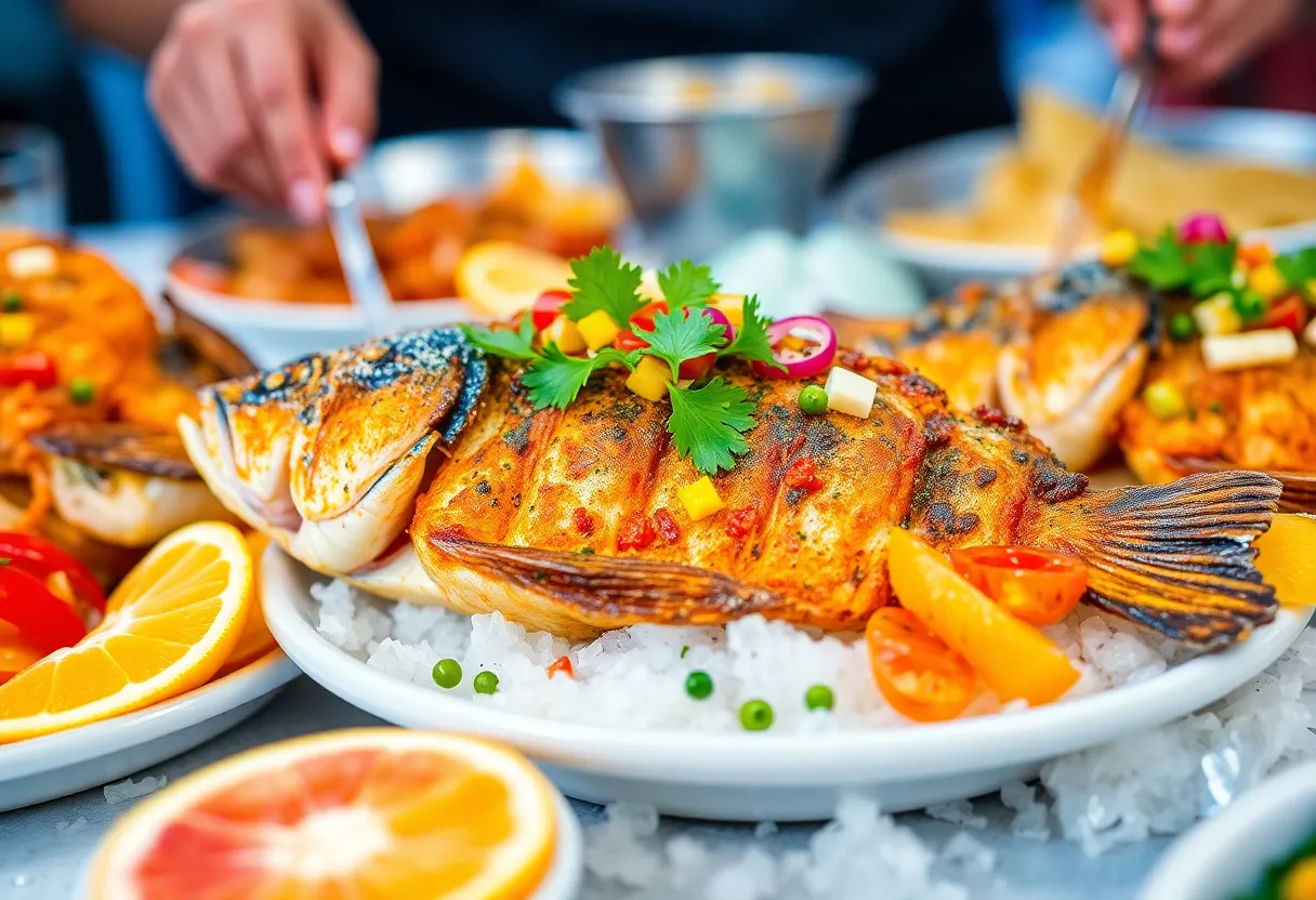 A beautifully plated seafood dish featuring fried catfish and garnishes.