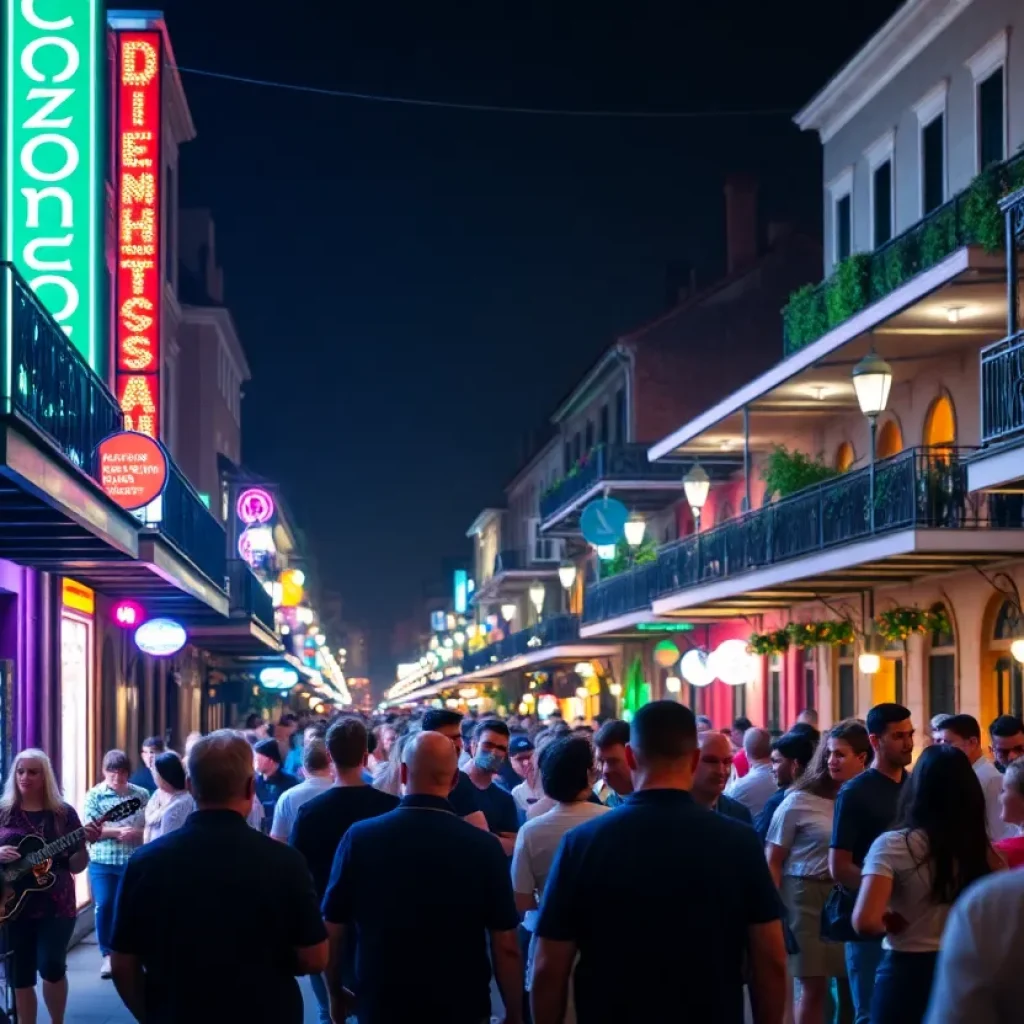 Vibrant nightlife in New Orleans with jazz musicians and lively crowd.