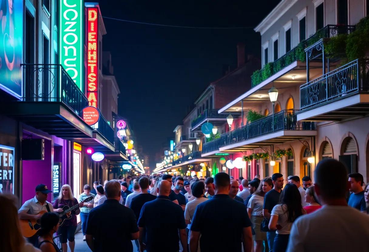 Vibrant nightlife in New Orleans with jazz musicians and lively crowd.