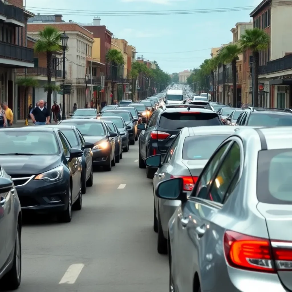 Busy street in New Orleans with cars and pedestrians reflecting city traffic