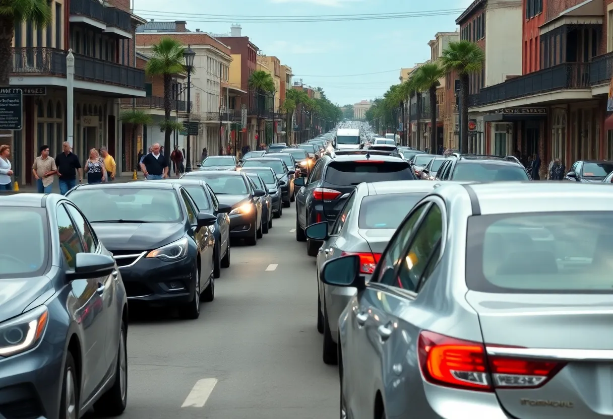 Busy street in New Orleans with cars and pedestrians reflecting city traffic