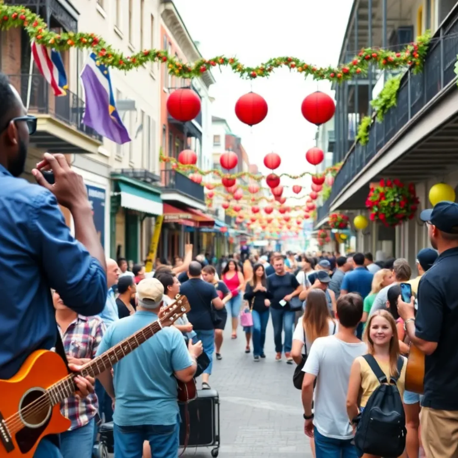A busy street in New Orleans with people enjoying live music and local art events.