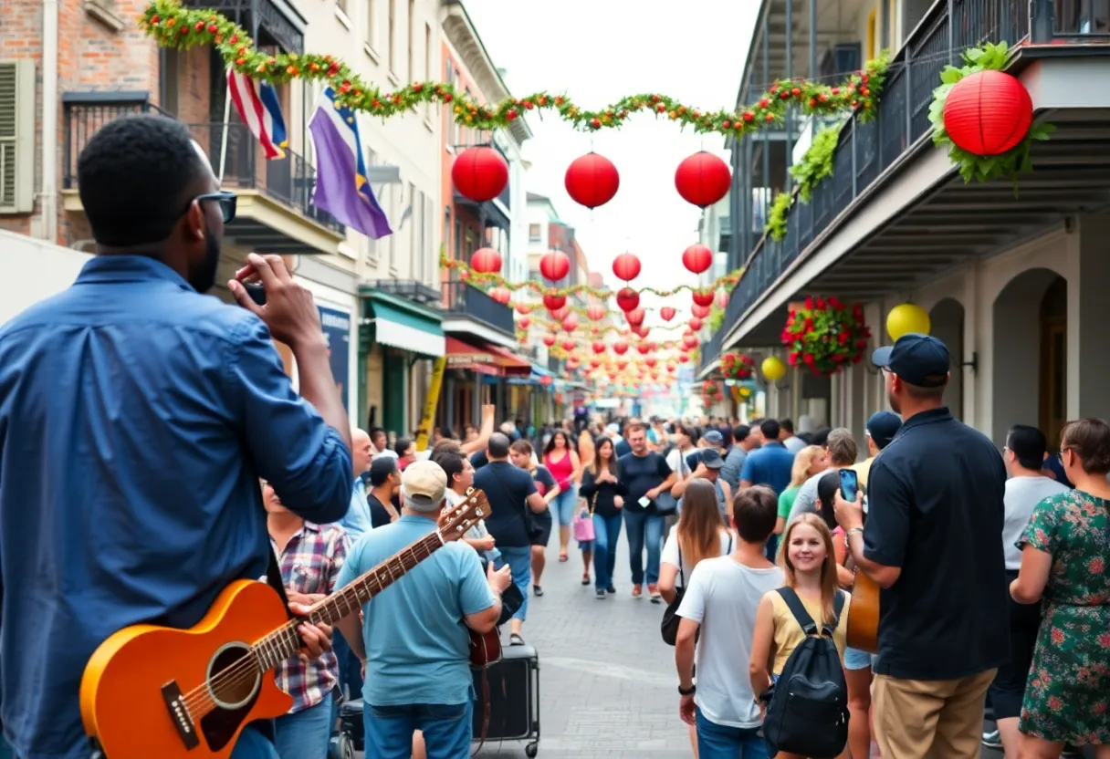 A busy street in New Orleans with people enjoying live music and local art events.