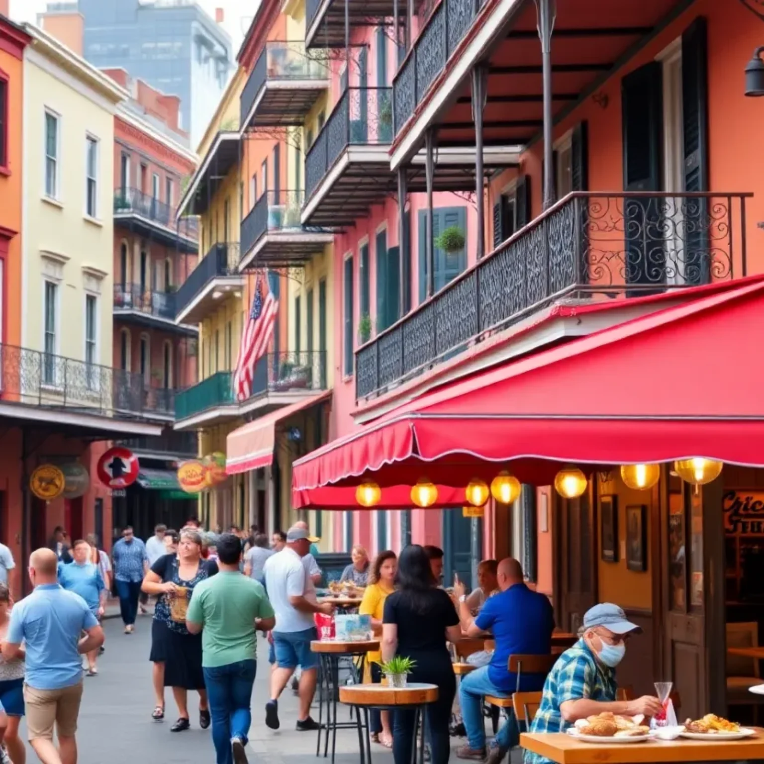People dining in a colorful New Orleans Creole restaurant, enjoying traditional dishes.