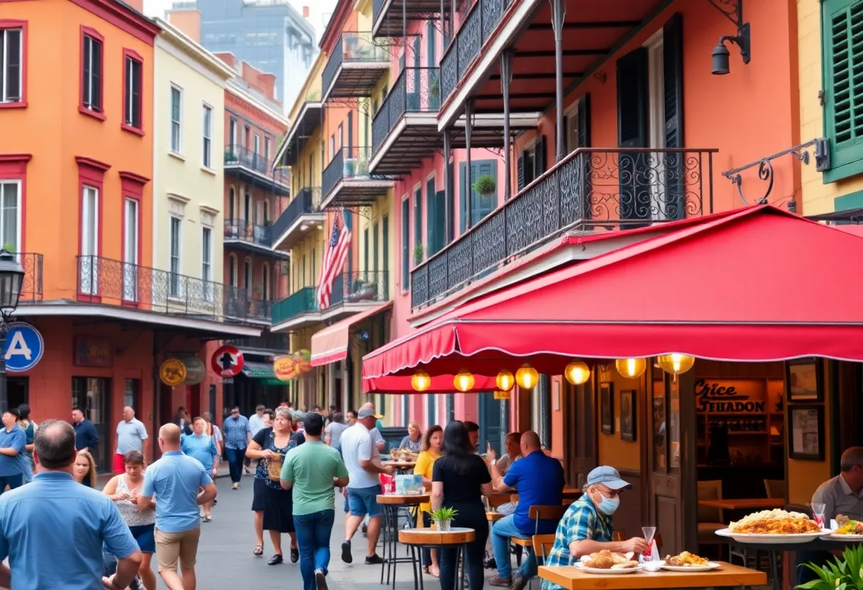 People dining in a colorful New Orleans Creole restaurant, enjoying traditional dishes.