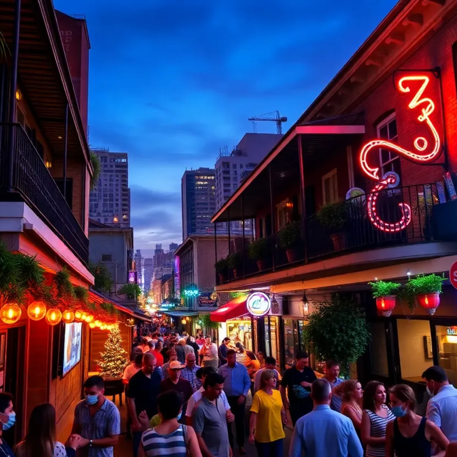 Vibrant street view of New Orleans nightlife with jazz, cocktails, and people