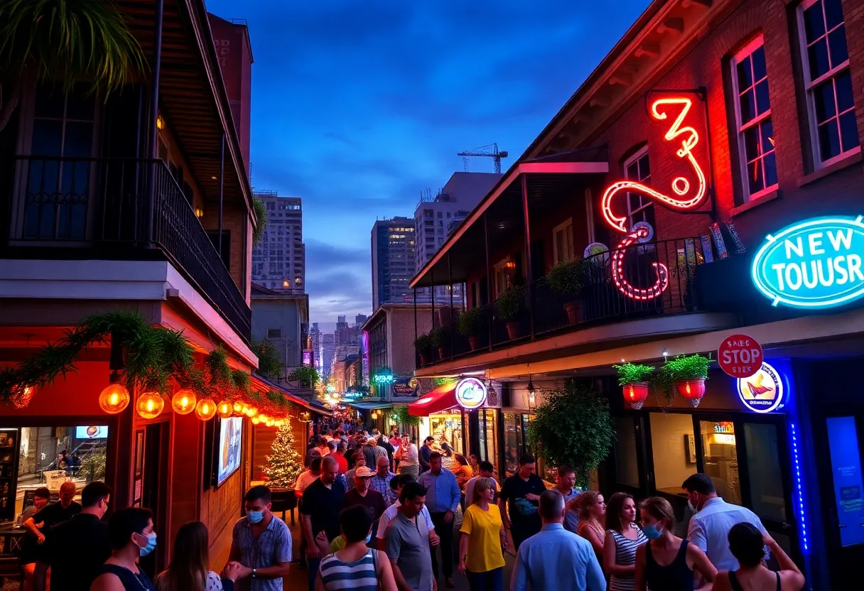 Vibrant street view of New Orleans nightlife with jazz, cocktails, and people