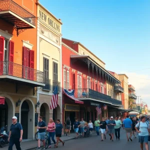 Colorful street in New Orleans with unique architecture and lively atmosphere