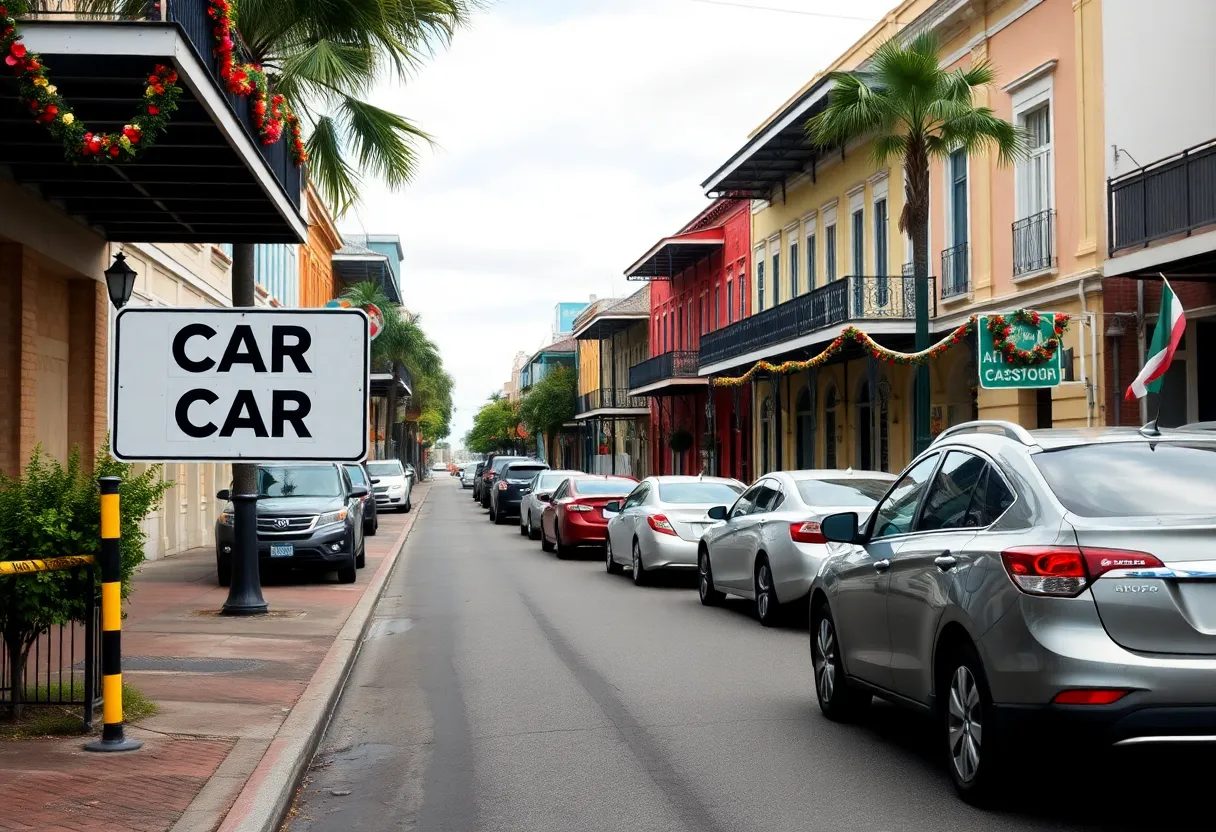 An illustrative representation of an auto accident in New Orleans with colorful street scenery.