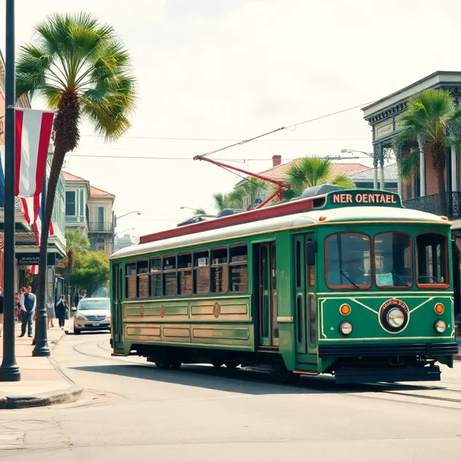 A vibrant street in New Orleans filled with local shops and streetcars.