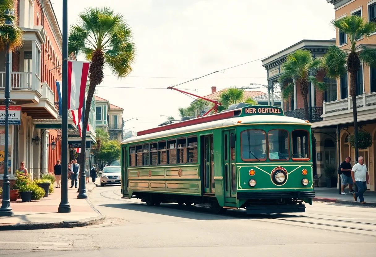A vibrant street in New Orleans filled with local shops and streetcars.