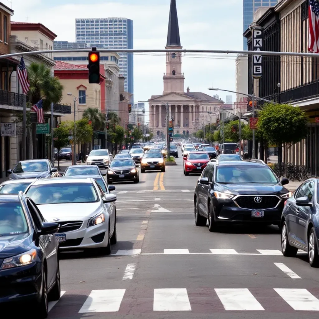 Traffic in New Orleans with local streets and cars.