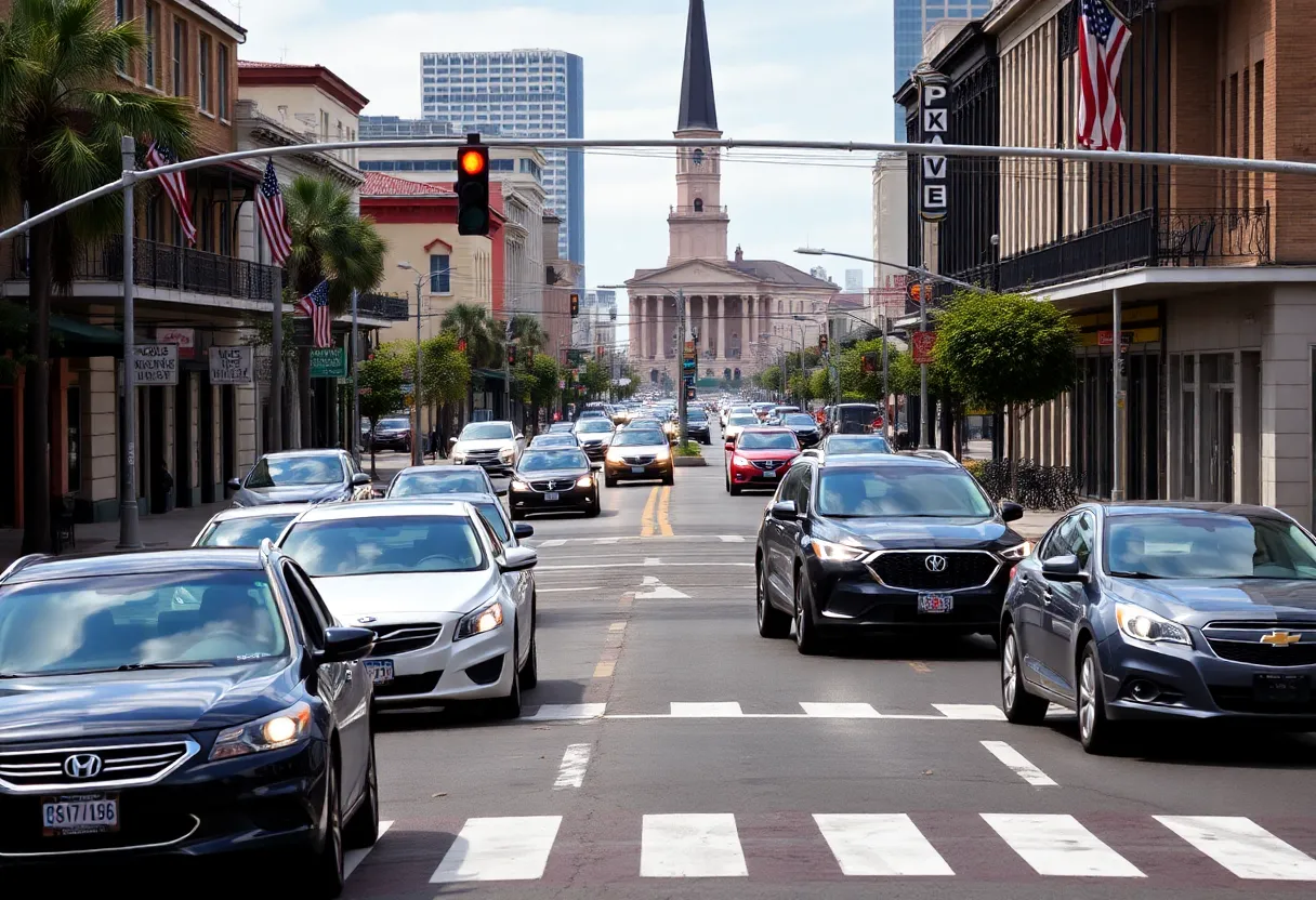 Traffic in New Orleans with local streets and cars.