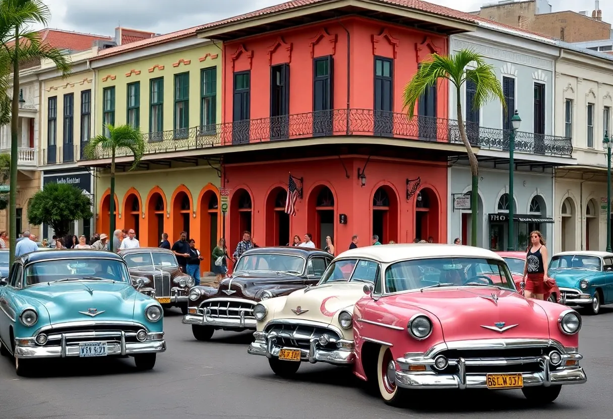 A lively New Orleans street scene with vintage cars