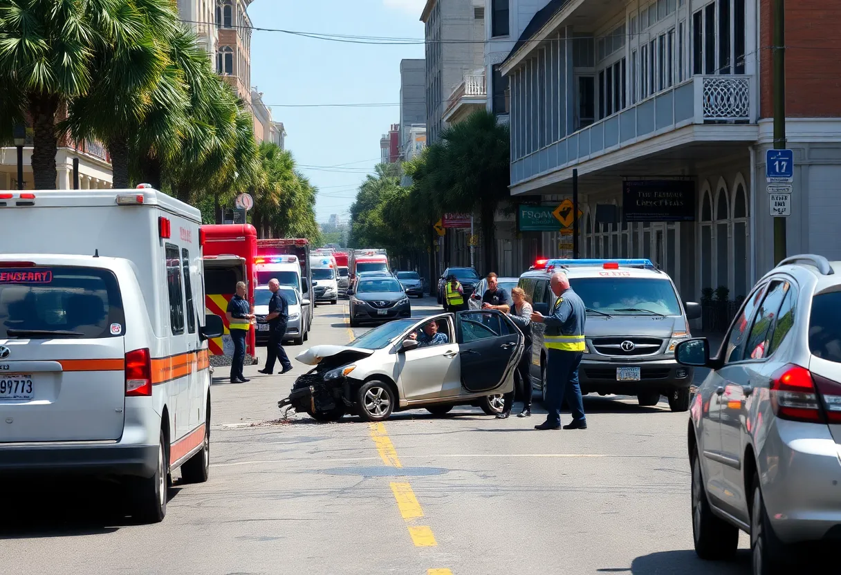 Scene of a car accident in New Orleans with emergency responders.
