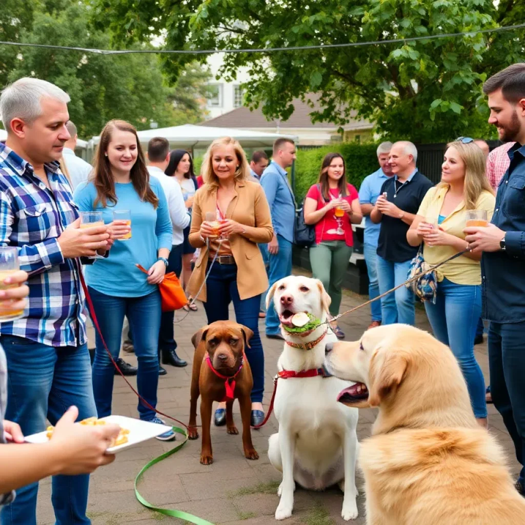 People enjoying drinks and appetizers at Husky Happy Hour with their dogs.