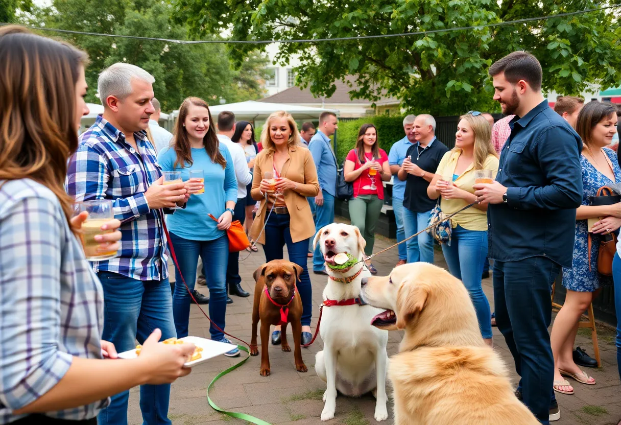 People enjoying drinks and appetizers at Husky Happy Hour with their dogs.