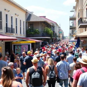 People enjoying New Orleans festivals with live music and art.