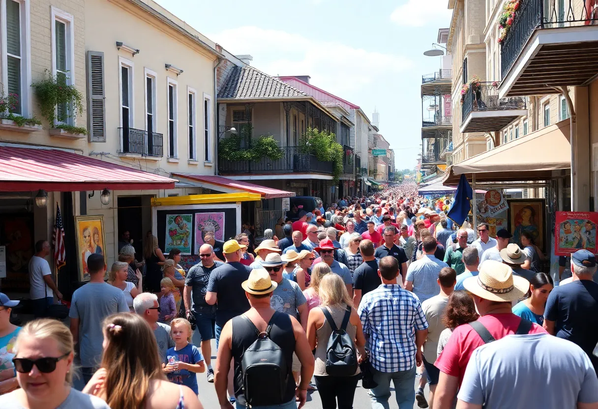 People enjoying New Orleans festivals with live music and art.