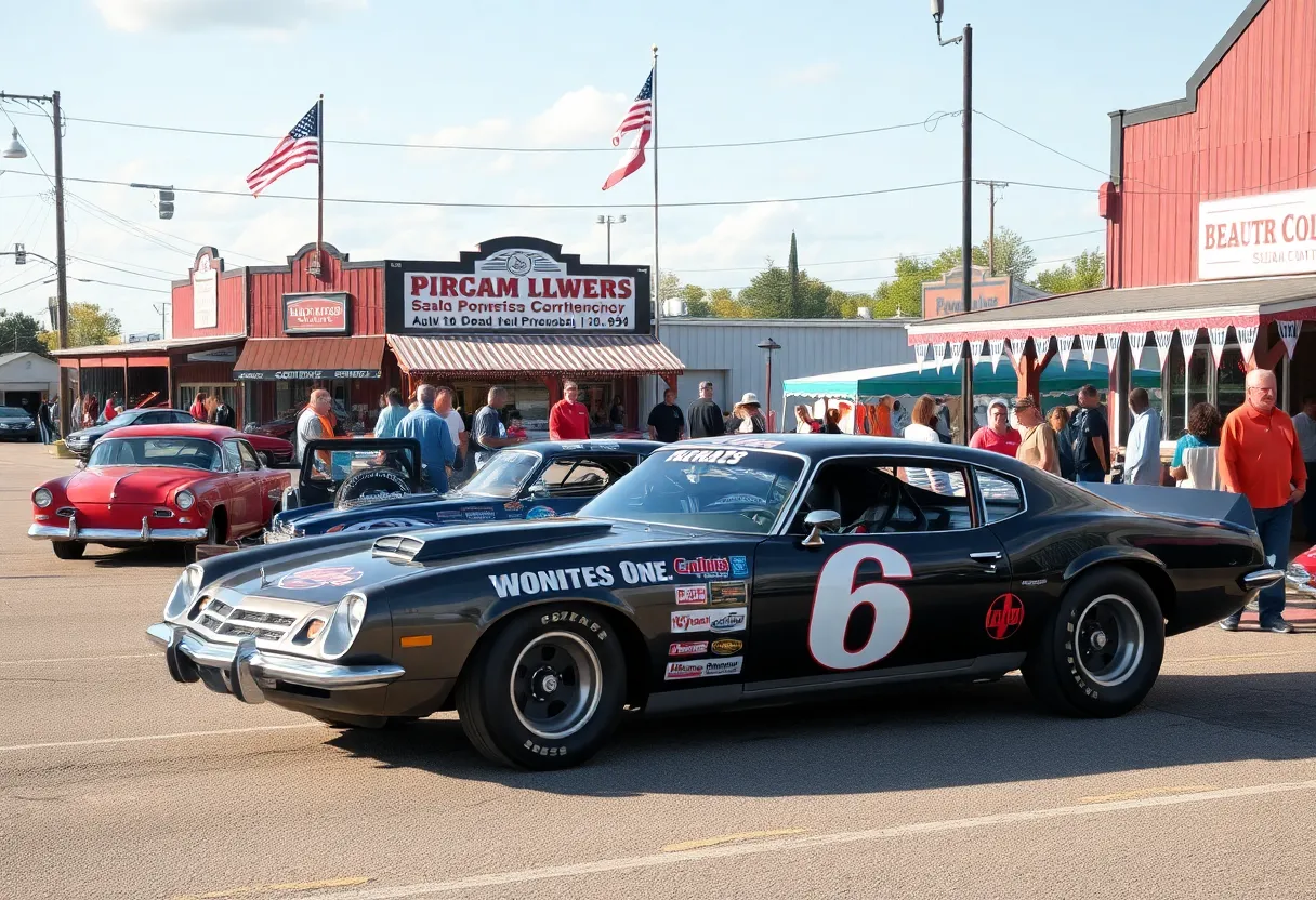 Scene showcasing small-town racing culture with cars and community.