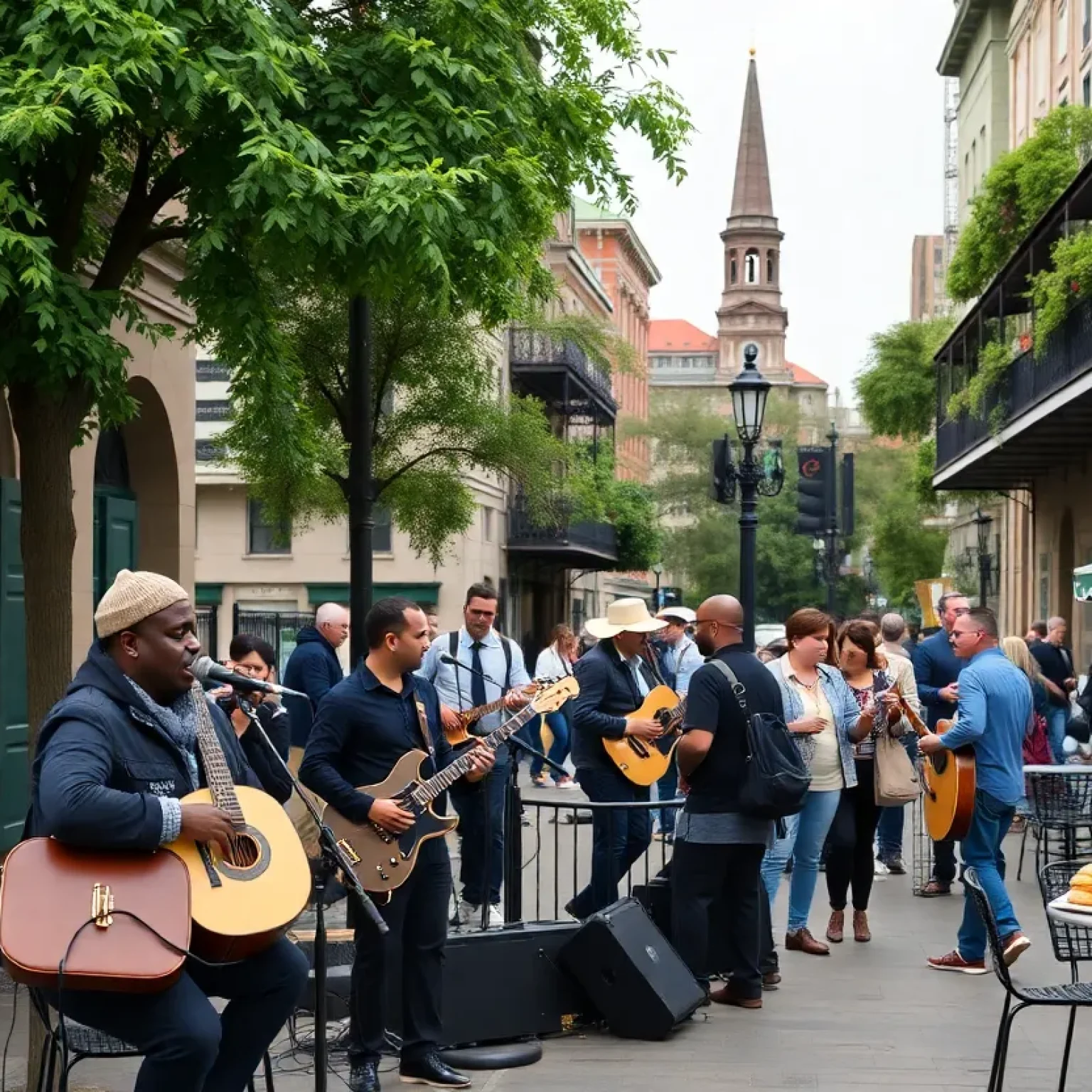 Bustling scene at Jackson Square in New Orleans with street musicians and café visitors