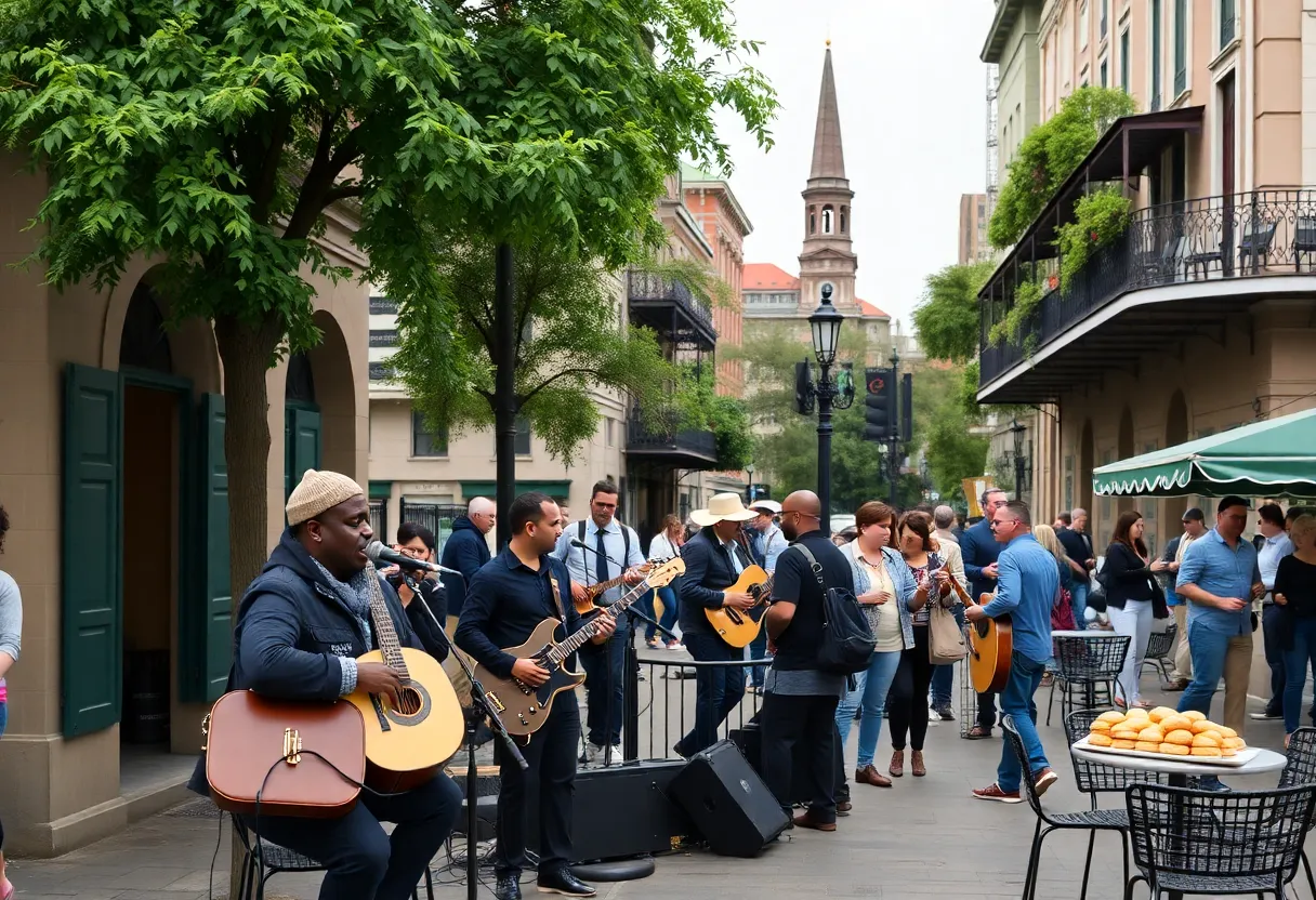Bustling scene at Jackson Square in New Orleans with street musicians and café visitors