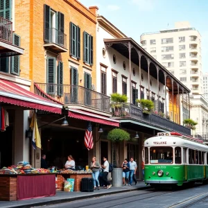 Bustling street scene in New Orleans showcasing local culture.