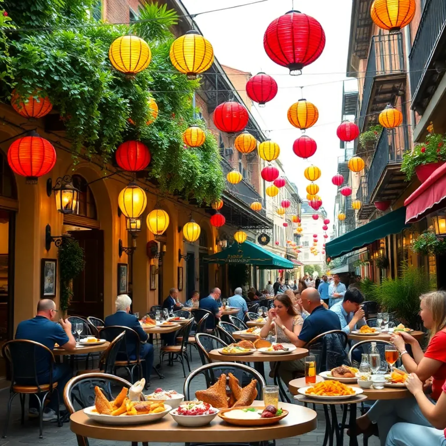 Outdoor dining in the French Quarter showcasing Creole cuisine