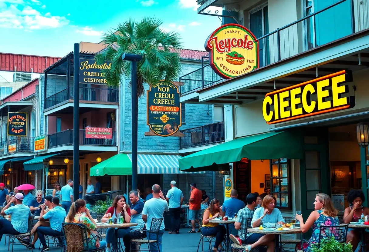People enjoying Creole food in New Orleans outdoor dining scene